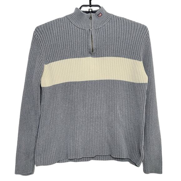 Mens Y2K Polo Ralph Lauren Sweater XL Ribbed Quarter Zip Gray - Picture 1 of 6
